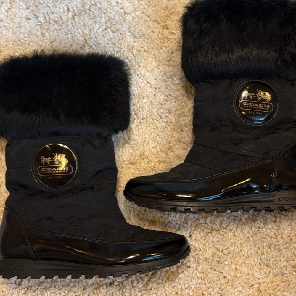 Women’s Coach warm boots 6 rabbit fur canvas C  warm insulated  like new 10.5”